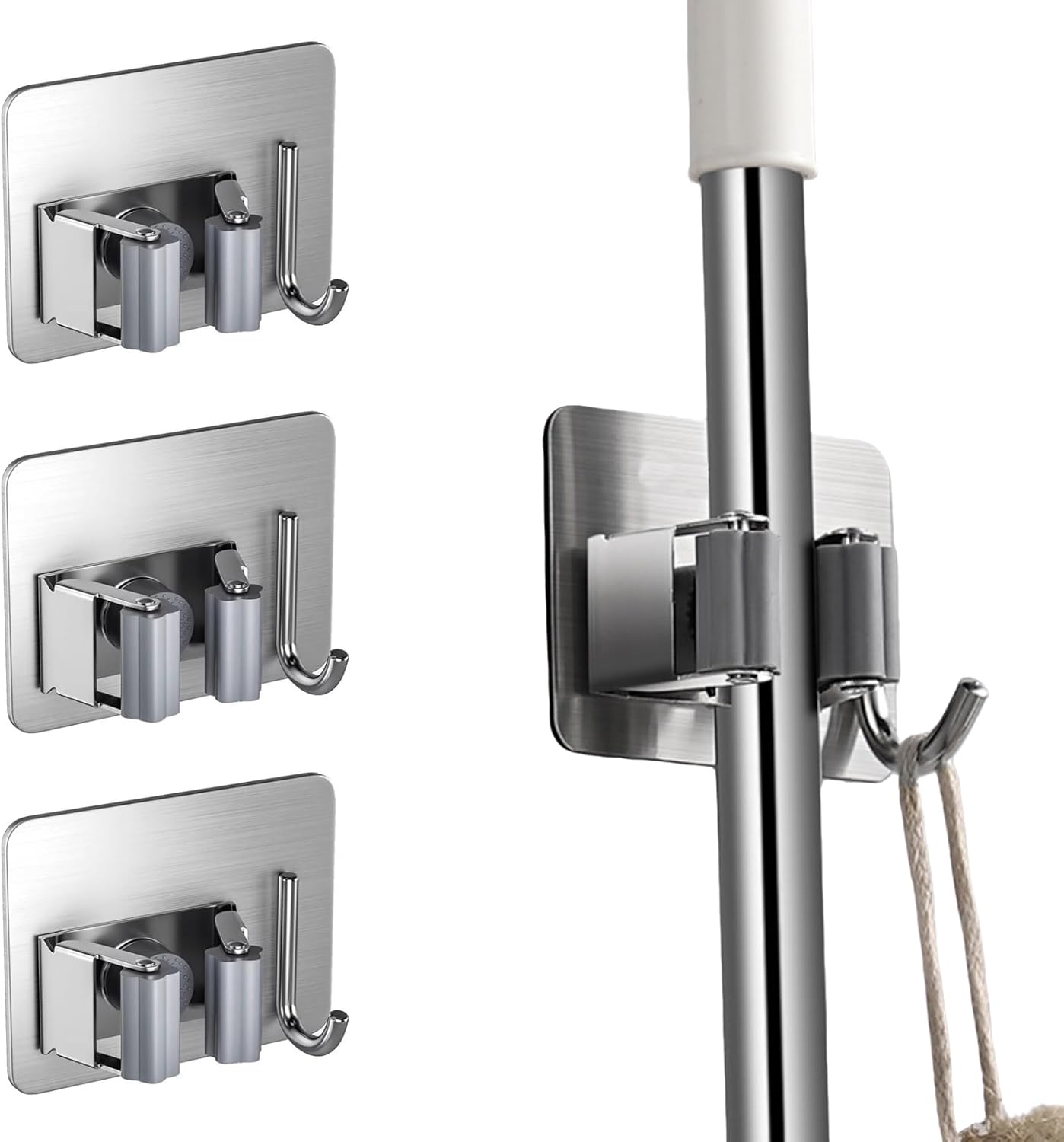 4 Pcs Stainless Steel Wall Mounted Mop Holders with Hooks, Self Adhesive Storage Solution for Home, Kitchen, Bathroom, Office, Garage and Broom Cupboard Organisation(Silver)