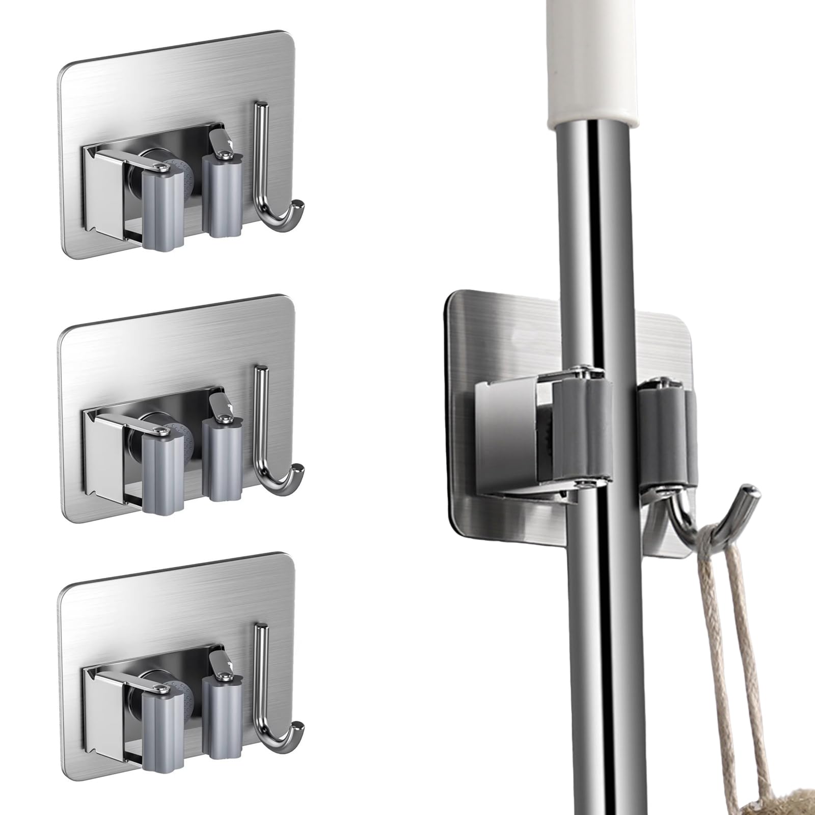 DOETYD 4 Pcs Stainless Steel Wall Mounted Mop Holders with Hooks, Self Adhesive Storage Solution for Home, Kitchen, Bathroom, Office, Garage and Broom Cupboard Organisation(Silver)