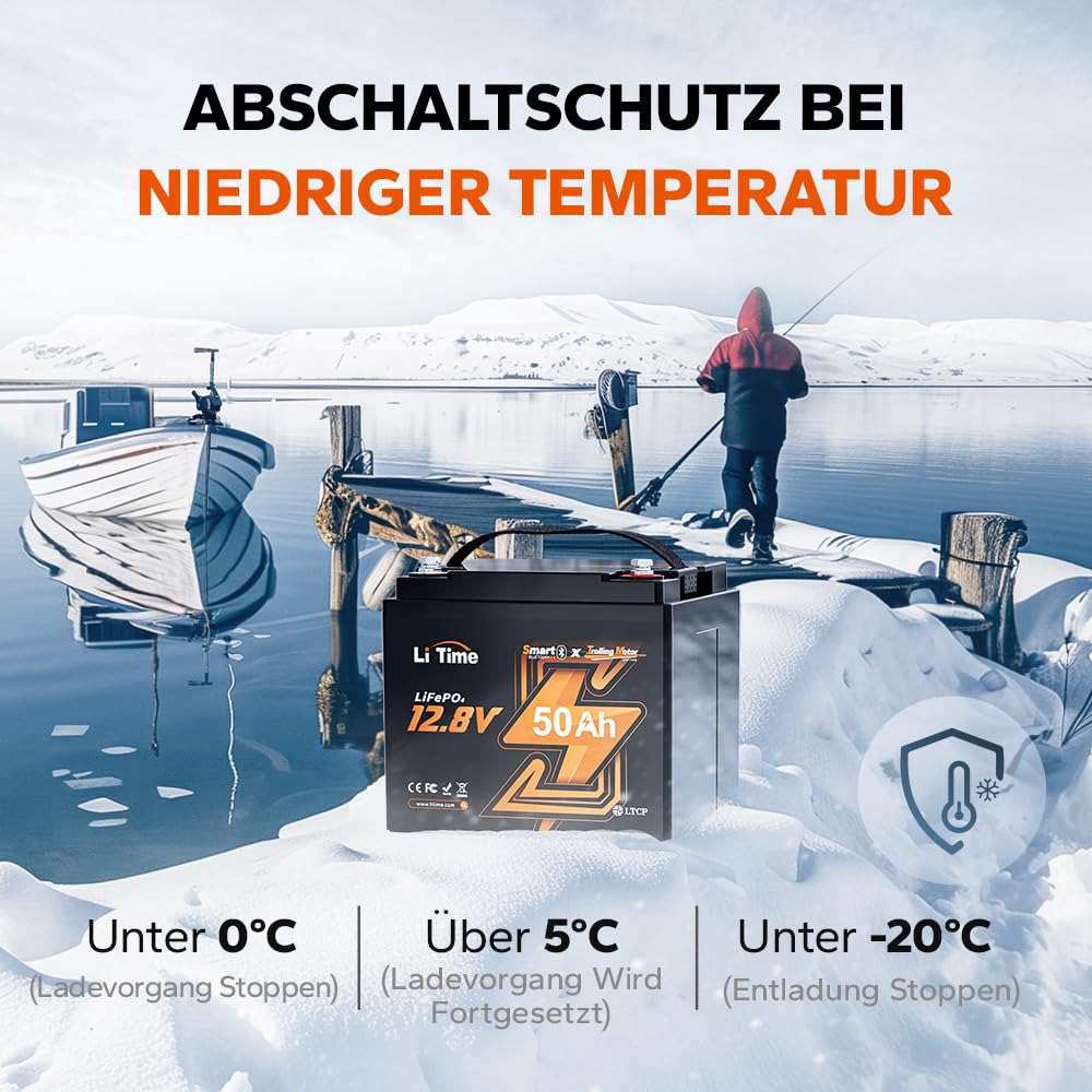 LiTime LiFePO4 12V 50TM Bluetooth Tieftemperaturschutz LiFePO4 Lithium Batterie, 50A BMS, Max. 15000 Zyklen, Perfekt für Trolling Motoren, Marine, Boot, Yacht, RV, Fishing Finder