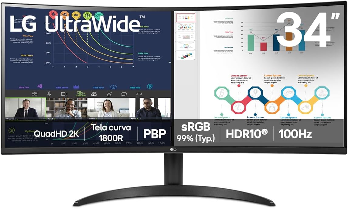 Monitor LG UltraWide™ Curvo – Tela VA de 34”, 21:9, WQHD, sRGB...