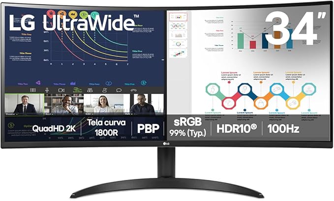 Monitor LG UltraWide™ Curvo – Tela VA de 34”, 21:9, WQHD, sRGB 99%, HDR10, 100Hz, 5ms (GTG), PBP – 34WR50QK-B Monitor LG UltraWide™ Curvo – Tela VA de 34”, 21:9, WQHD, sRGB 99%, HDR10, 100Hz, 5ms (GTG), PBP – 34WR50QK-B