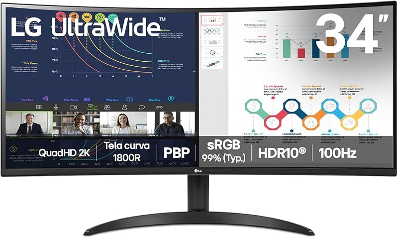 LG UltraWide Monitor Curvo 34" VA 100Hz 5ms (GtG) WQHD 2K (3440x1440) HDR10 PBP sRGB 99% Proporção 21:9, Preto - 34WR50QK