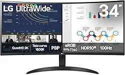 Monitor LG UltraWide™ Curvo – Tela VA de 34”, 21:9, WQHD, sRGB 99%, HDR10, 100Hz, 5ms (GTG), PBP - 34WR50QK-B