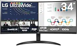 Monitor LG UltraWide™ Curvo – Tela VA de 34”, 21:9, WQHD, sRGB 99%, HDR10, 100Hz, 5ms (GTG), PBP - 34WR50QK-B