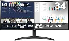 Monitor LG UltraWide™ Curvo – Tela VA de 34”, 21:9, WQHD, sRGB 99%, HDR10, 100Hz, 5ms (GTG), PBP - 34WR50QK-B