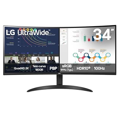 LG UltraWide Monitor Curvo 34" VA 100Hz 5ms (GtG) WQHD 2K (3440x1440) HDR10 PBP sRGB 99% Proporção 21:9, Preto - 34WR50QK