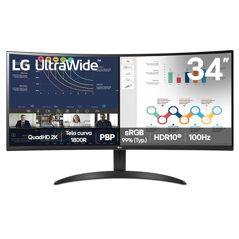 LG UltraWide Monitor Curvo 34" VA 100Hz 5ms (GtG) WQHD 2K (3440x1440) HDR10 PBP sRGB 99% Proporção 21:9, Preto - 34WR50QK