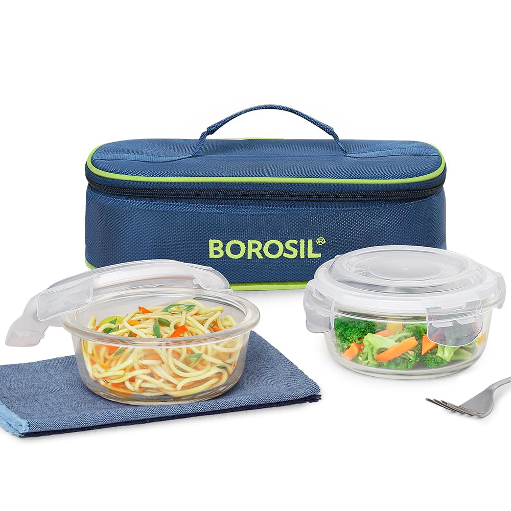 ICYTRD2400H Microwavable Borosilicate Glass Klip N Store Round Lunch Box Set, 400ml, 2-Pieces (Round 400 ml x 2 with Lunch Bag)