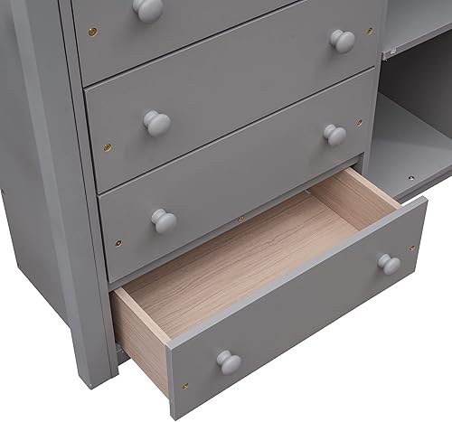 Miniatura 8 de HYC Litera de madera individual sobre matrimonial con seis cajones estantes flexibles y barandilla de protección no necesita somier color gris