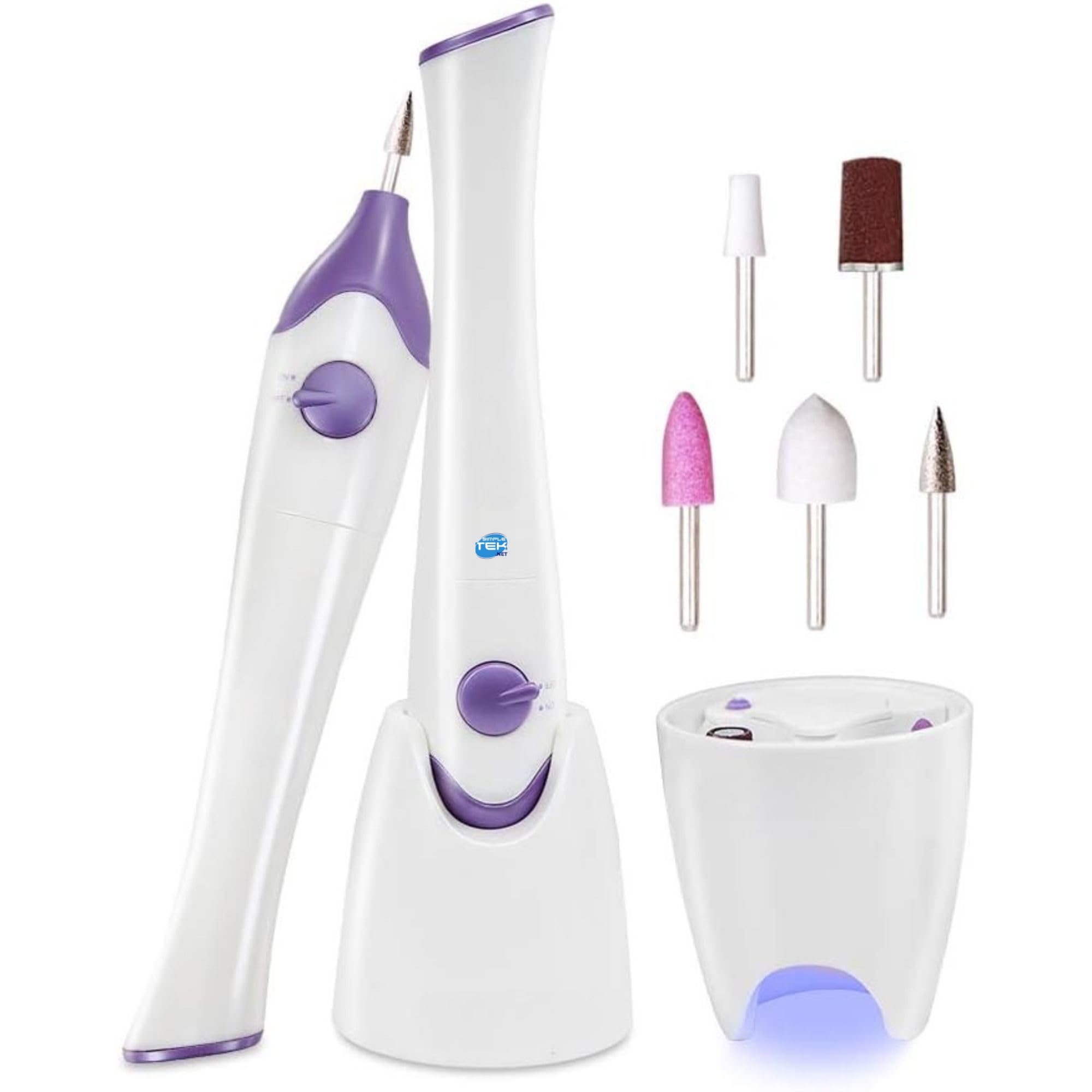 SIMPLETEK - Profesjonalny elektryczny frezarka do paznokci TB-1335 | zestaw do manicure z UV/LED | przenośny i bezprzewodowy, kolor biały i fioletowy