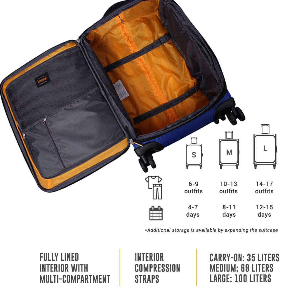 LUCAS Maleta de mano ultraligera y expandible de 20 pulgadas, pequeña bolsa rodante que se adapta a la mayoría de compartimentos de aerolíneas, maleta duradera de 8 ruedas giratorias, Azul real, 20in