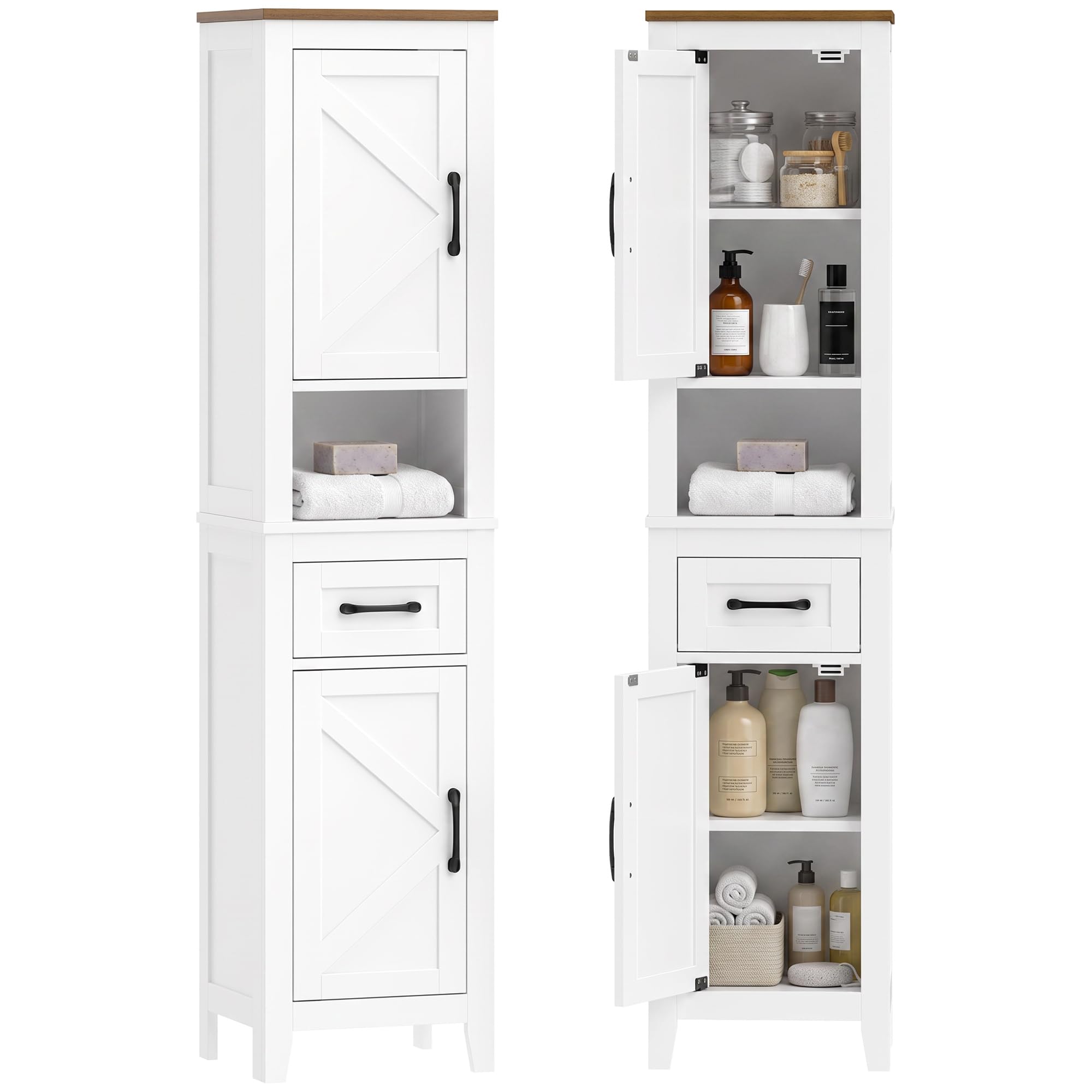 HOMCOM Armario de Baño Alto Mueble de Baño Estrecho 34,5x30x148 cm Blanco | Cajón, Estante Abierto, Puertas y Estantes Ajustables, Estilo Rústico