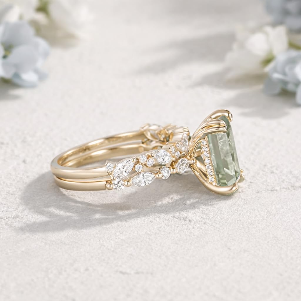 Emerald Cut Green Sapphire Engagement Ring Set 2PCS Solid Yellow Gold Bridal Wedding Jewelry with Marquise Cluster Band Birthday Gift for Her