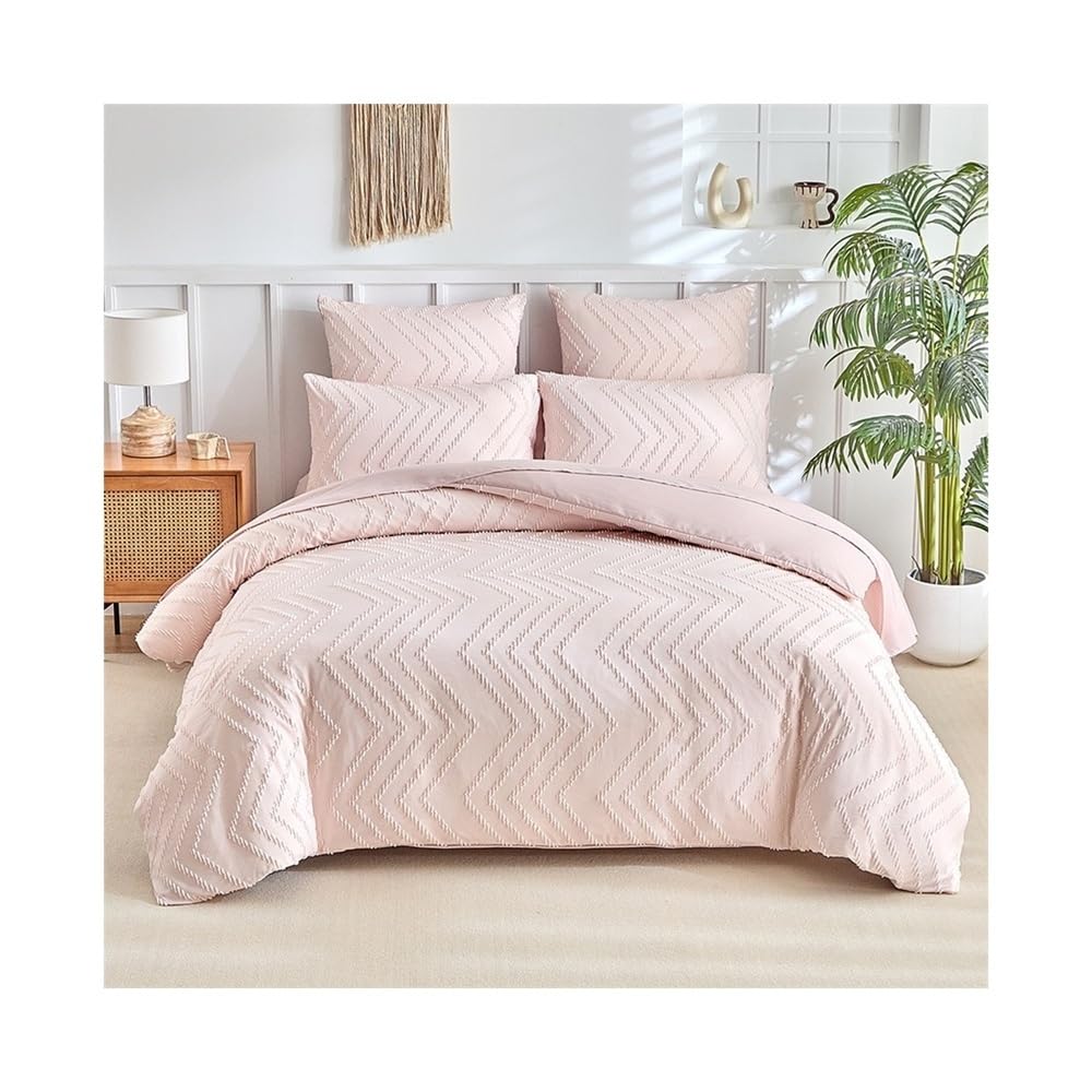 S5b8W3g7 Bedding set Pink Microfiber Duvet Cover Set, 3Pcs Boho Tufted Textured Bedding with 4 Ties and Zipper Closure Home Textile