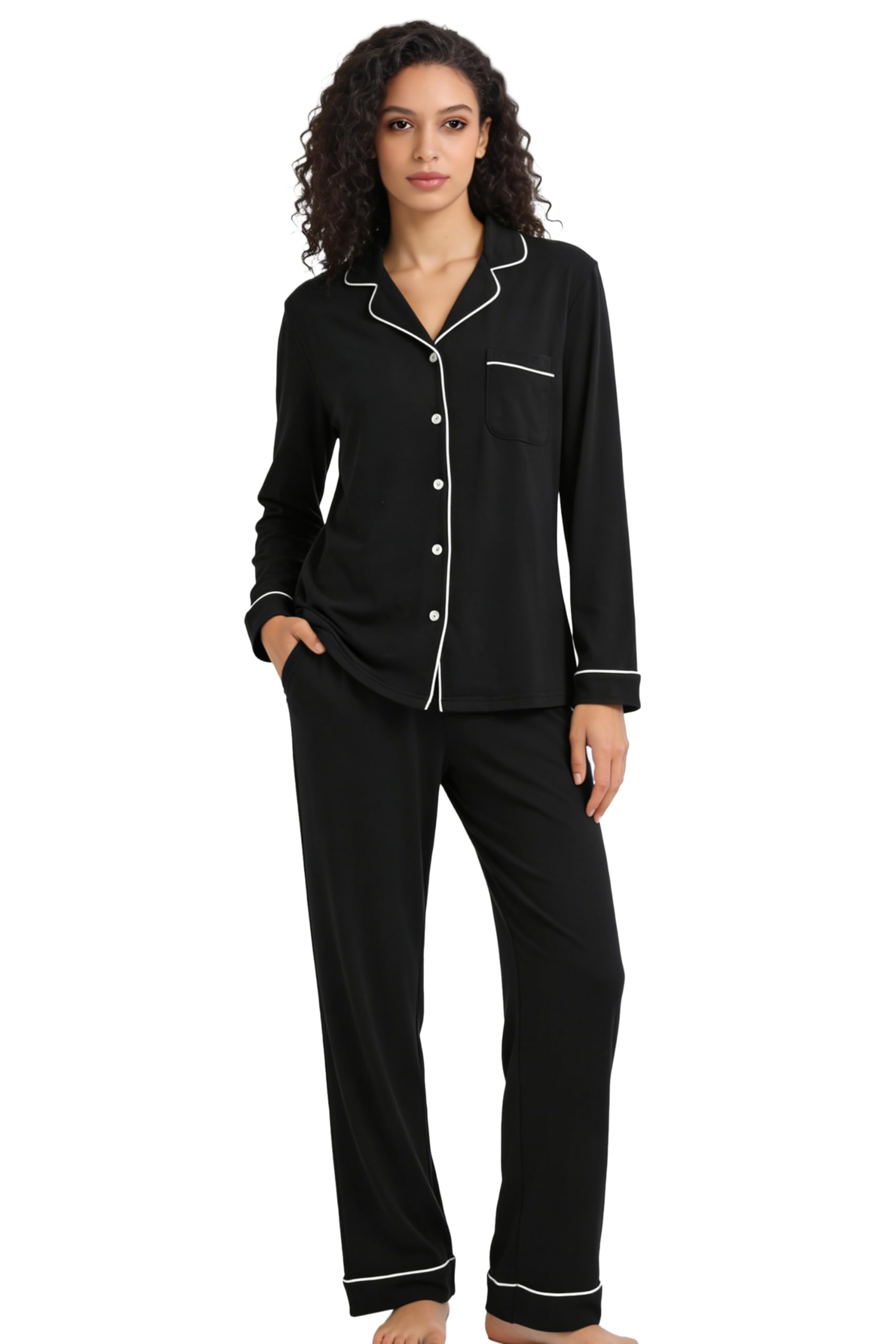 Womens Pajama Set, Soft Long Sleeve Pajamas & Long Pants with Pockets, Button-up Sleepwear Lounge Pjs