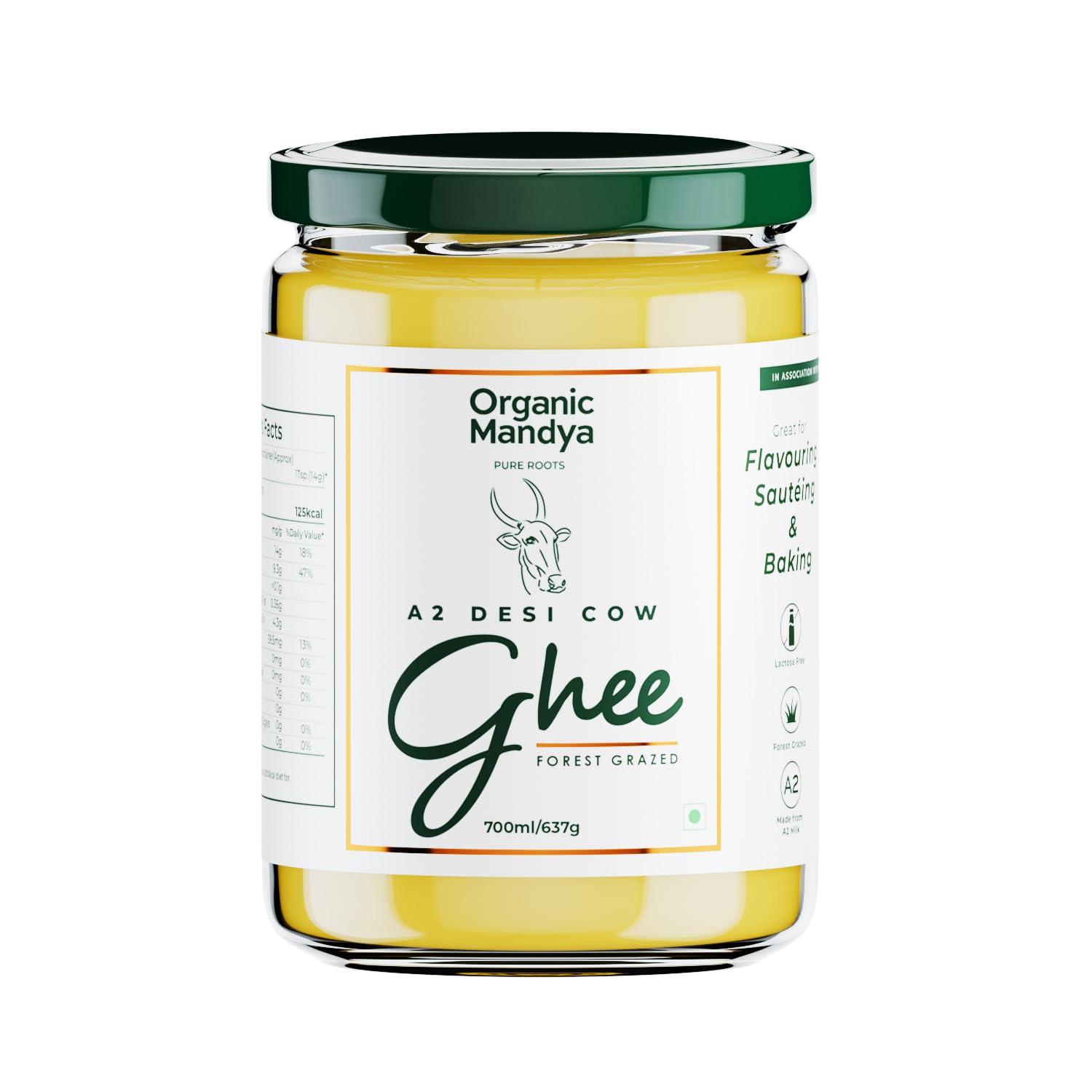 Organic Mandya Grass Fed Ghee A2 Butter, Pasture Raised, Lactose Free, Stress-Free Cattle, Ethically Sourced | Fermented A2 Ghee (23 oz / 700 ml)