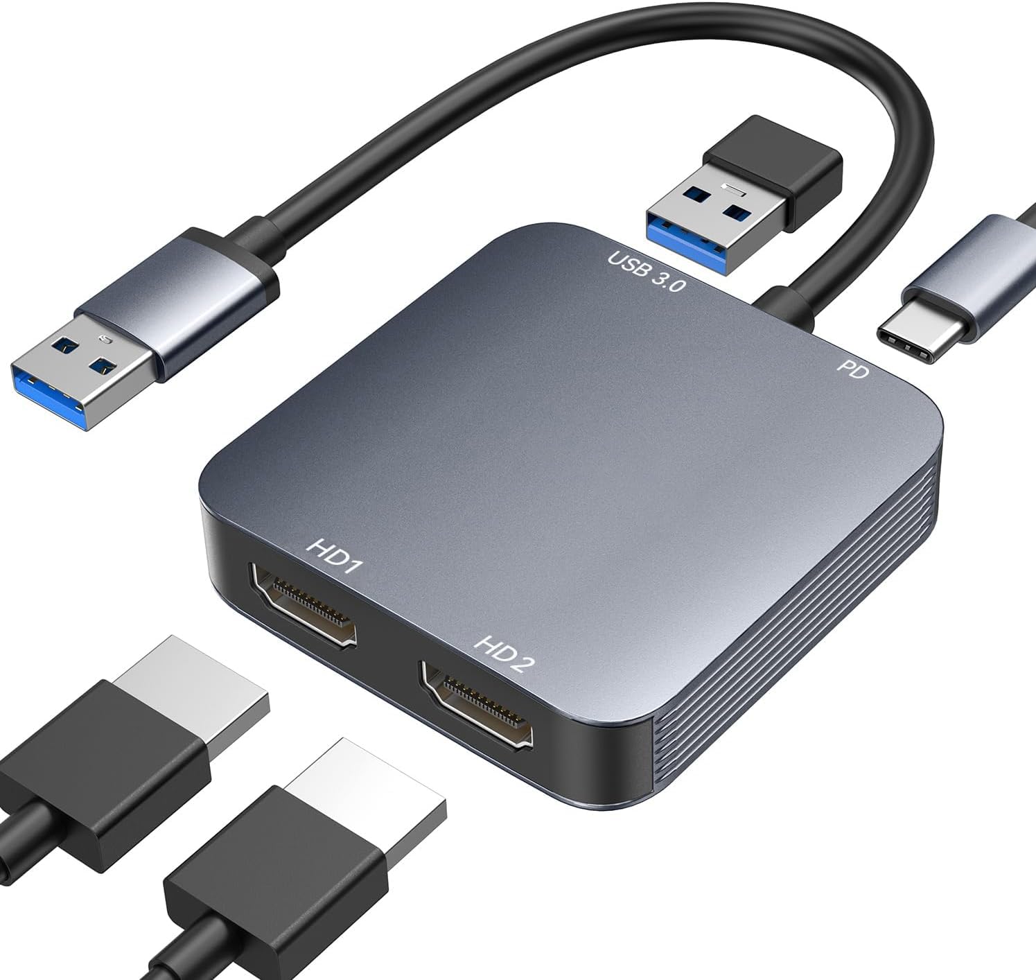 USB 3.0 (USB-A) auf Dual-HDMI Adapter, 4-in-1 mit 2× HDMI 1080p@60Hz, USB-C PD-Strom & USB3.0-Port – kompatibel mit Windows/macOS/ChromeOS