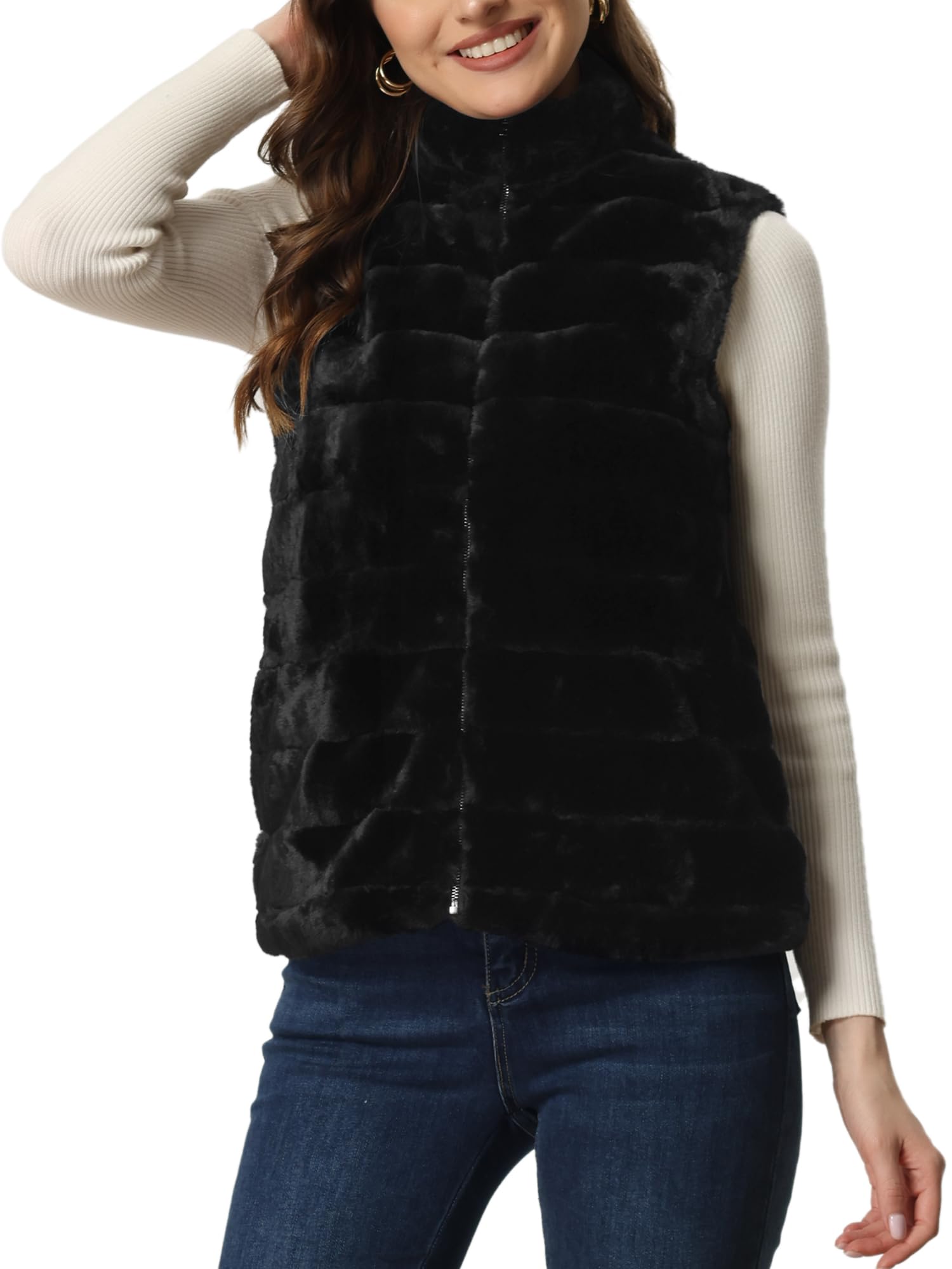 allegra k Faux Fur Vest for Women's Zip-Up Sleeveless Fur Jacket-picture-21