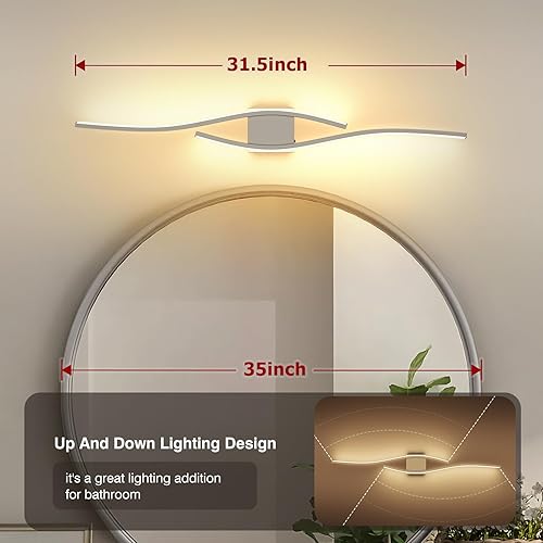 Miniatura 5 de Joossnwell Lámpara de tocador de baño, moderna lámpara de baño sobre espejo níquel cepillado 5CCT regulable LED barra de luz de tocador de baño de