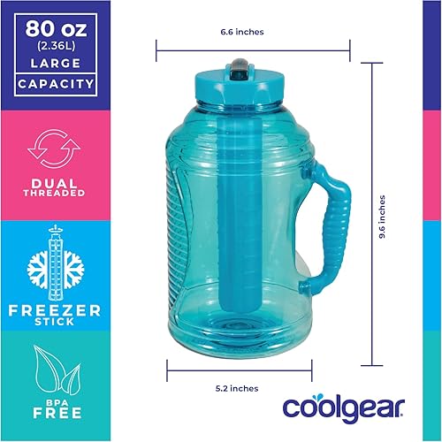Miniatura 8 de COOL GEAR Paquete de 2 botellas de agua deportivas Big Freeze de 80 onzas con barra de congelador y asa, botella de agua de color hidratante, color