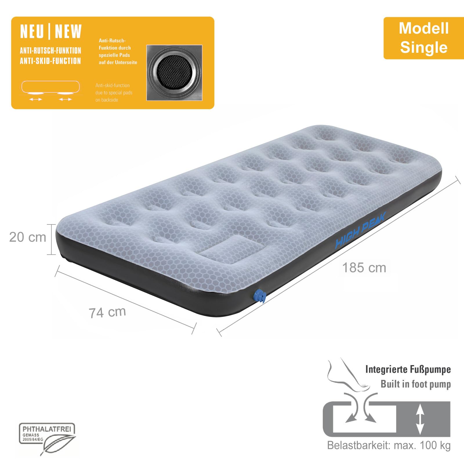 High Peak Unisex Single Comfort Plus Luftbett, mit integrierte Fußpumpe und Anti-Rutsch Funktion, atmungsaktiv, robust, Oberseite weich, für Indoor und Outdoor, grau/blau/schwarz, L