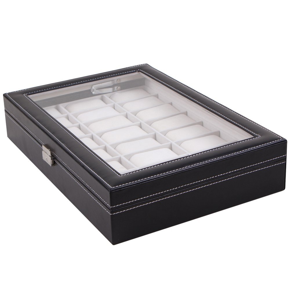 COFANETTO PORTA OROLOGI 24 POSTI IN SIMILPELLE COPERCHIO IN VETRO 43x28x9,5CM