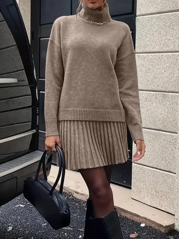 shownicer Strickanzug Zweiteiliger Damen Rollkragen Pullover und Mini Strickrock 2 Stück Set Warm Einfarbig Anzug