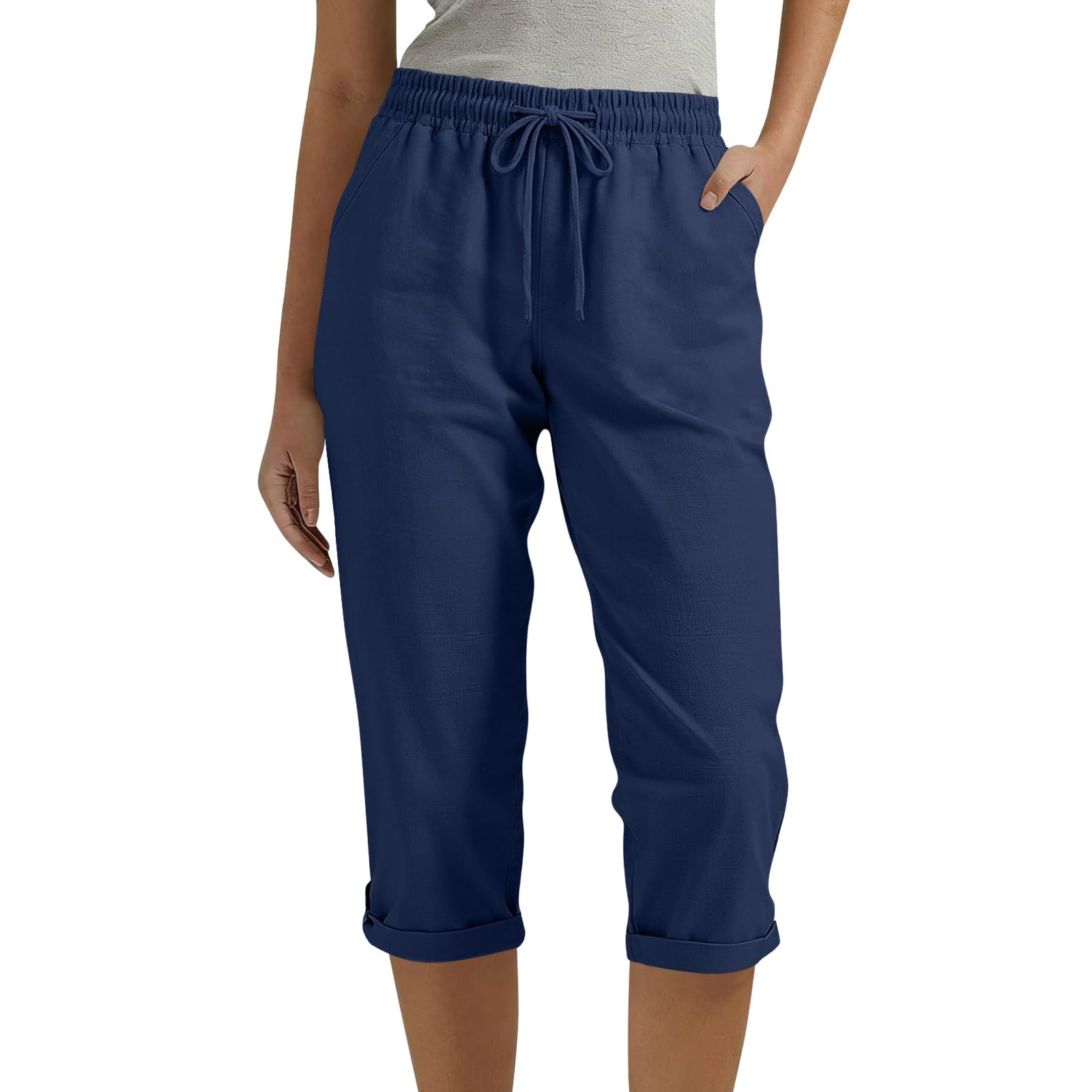 RLEHJN Leinenhose Damen 3/4,High Waist Caprihose Mit Taschen Casual Freizeithose Bequem Leicht Atmungsaktiv Einstellbarer Kordelzug Taille Stoffhose Strandhose Lässig Jogginghose Urlaub Strandhose