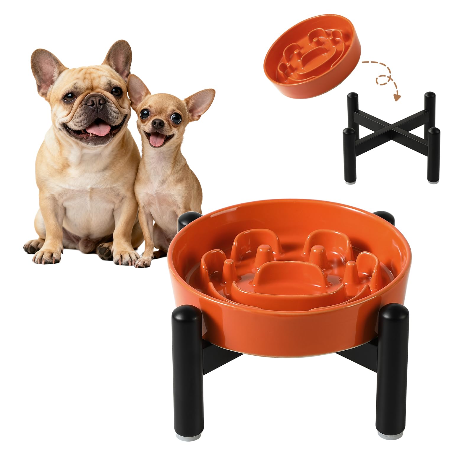 Elevated Slow Feeder Dog Bowl - Ceramic Maze Dog Food Bowl with Stainless Stand - Raised Slow Feeder for Small Breeds to Control Eating Speed - 6.3 Inch - 0.8 Cups (80g) - Orange