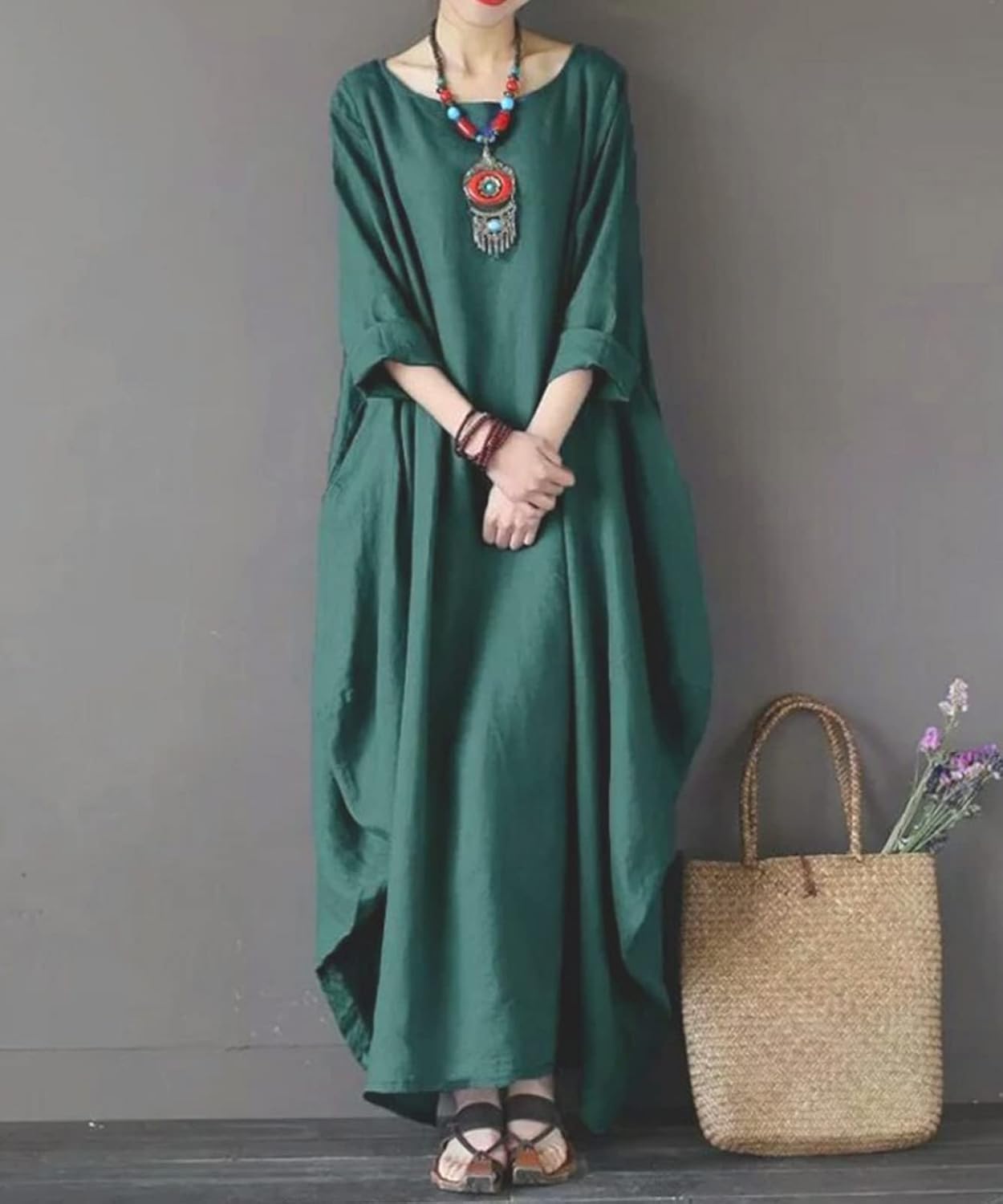 [BLANK BLANC] ワンピース ロング丈 チュニック マキシ コクーン 体型カバー ゆったり 春 秋 無地 レディース M～5XL