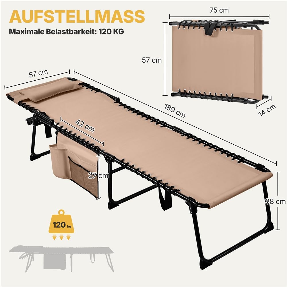Yaheetech Sonnenliege Klappbar mit 5-Fach Verstellbarer Rückenlehne, Beige | 189x57x38cm, Stabil & Tragbar Strandliege Gartenliege Campingbett mit Kissen & Seitentasche bis 120kg für Outdoor