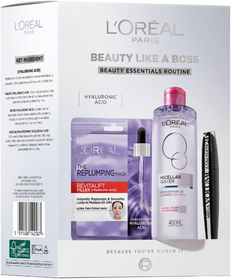 L’Oréal Paris Beauty Like A Boss Gift Set – Revitalift Filler Hyaluronic Acid Mask, Micellar Water and Mega Volume Mascara Brush L’Oréal Paris Beauty Like A Boss Gift Set – Revitalift Filler Hyaluronic Acid Mask, Micellar Water and Mega Volume Mascara Brush