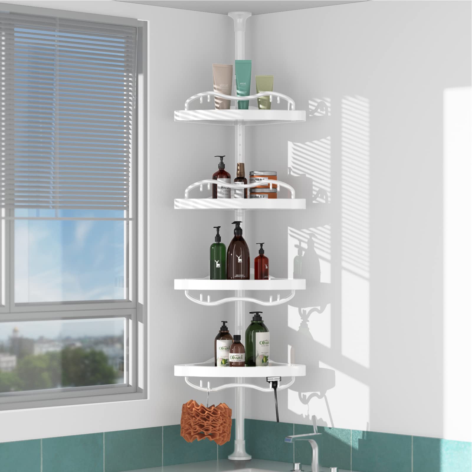 COCONUT Shower Caddy Tension Pole 54-114 Inch Rustproof Corner Shower Caddy 4 Tier Adjustable Plastic Shelves for Bathtub
