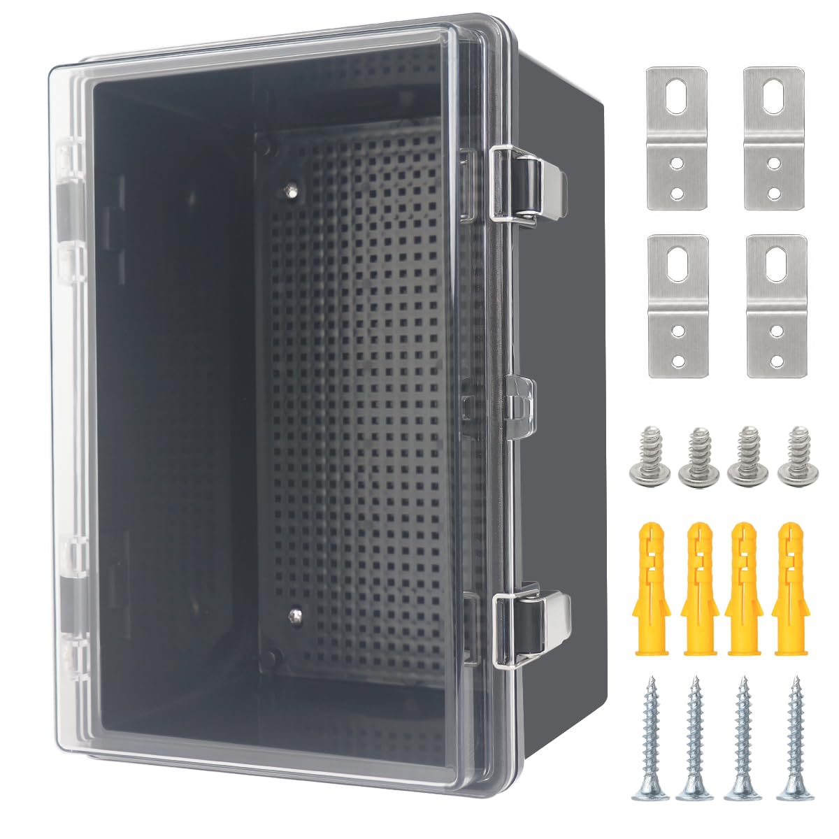 Junction Box,IP67 Waterproof Electrical Box Hinged Clear Cover Stainless Steel Latch Project Box Enclosure with Mounting Plate & Wall Bracket, Black 11.8 x 7.9 x 6.7inch(300x200x170mm)