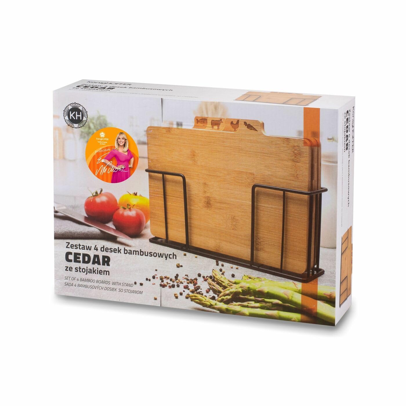 Juego de 4 tablas de cortar con soporte de cedro, un juego de tablas de cocina de bambú en un soporte de metal negro, tabla de cortar