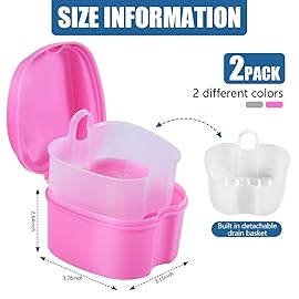 KISEER 2 Pack Colors Denture Bath Case Cup Box Holder Storage Soak Container with Strainer Basket for Travel Cleaning (White and Pink)