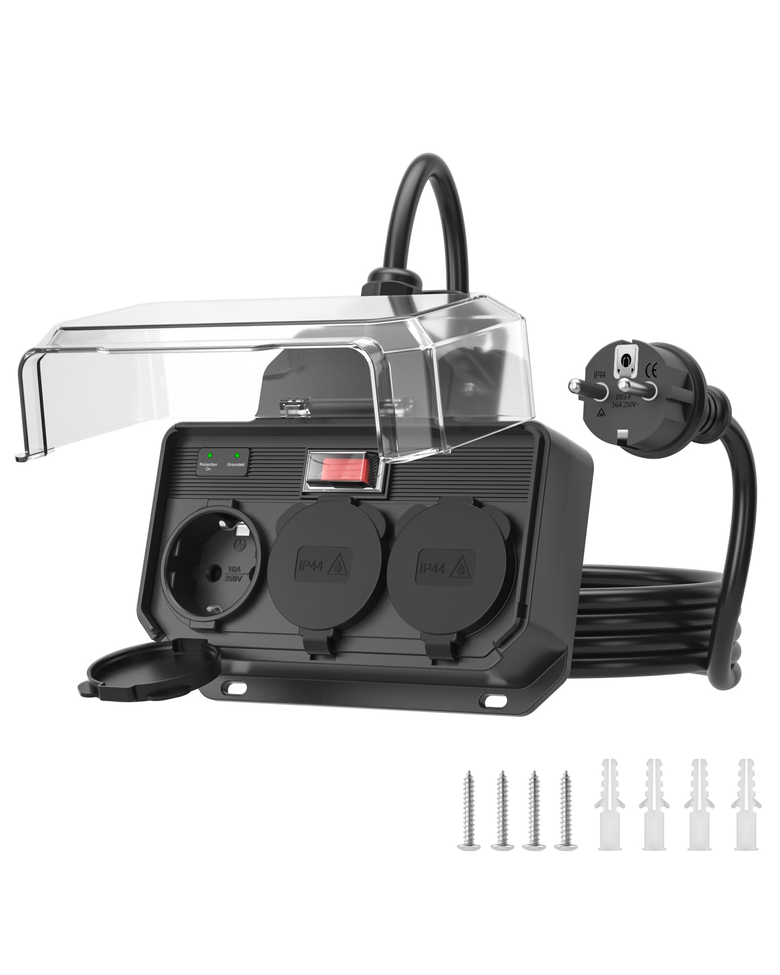 Regleta Enchufes Exterior IP44 Impermeable,Regletas Proteccion Sobretension con Interruptor 16A Sobrecarga,Base Enchufe Múltiple Pared,Exteriores Ladron 3 Tomas con Tapas,Alargador H07RN-F 1,5M,Negro