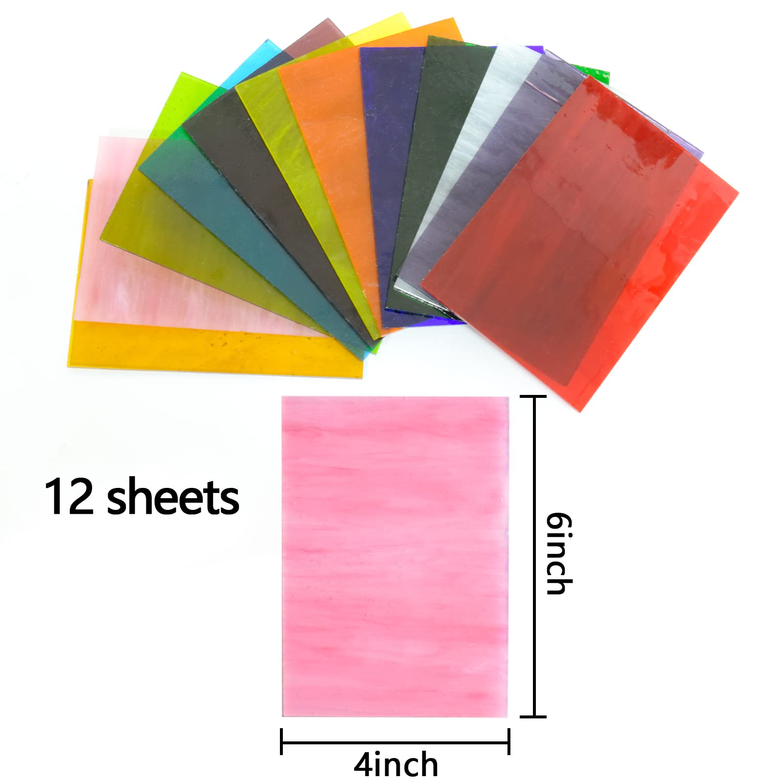 Hojas de vidrio de color de texturas mixtas de 4 x 6 pulgadas de vidrio de catedral para manualidades y fabricación de mosaicos, 6 x 4 pulgadas, 12 texturas variadas (transparente-A)