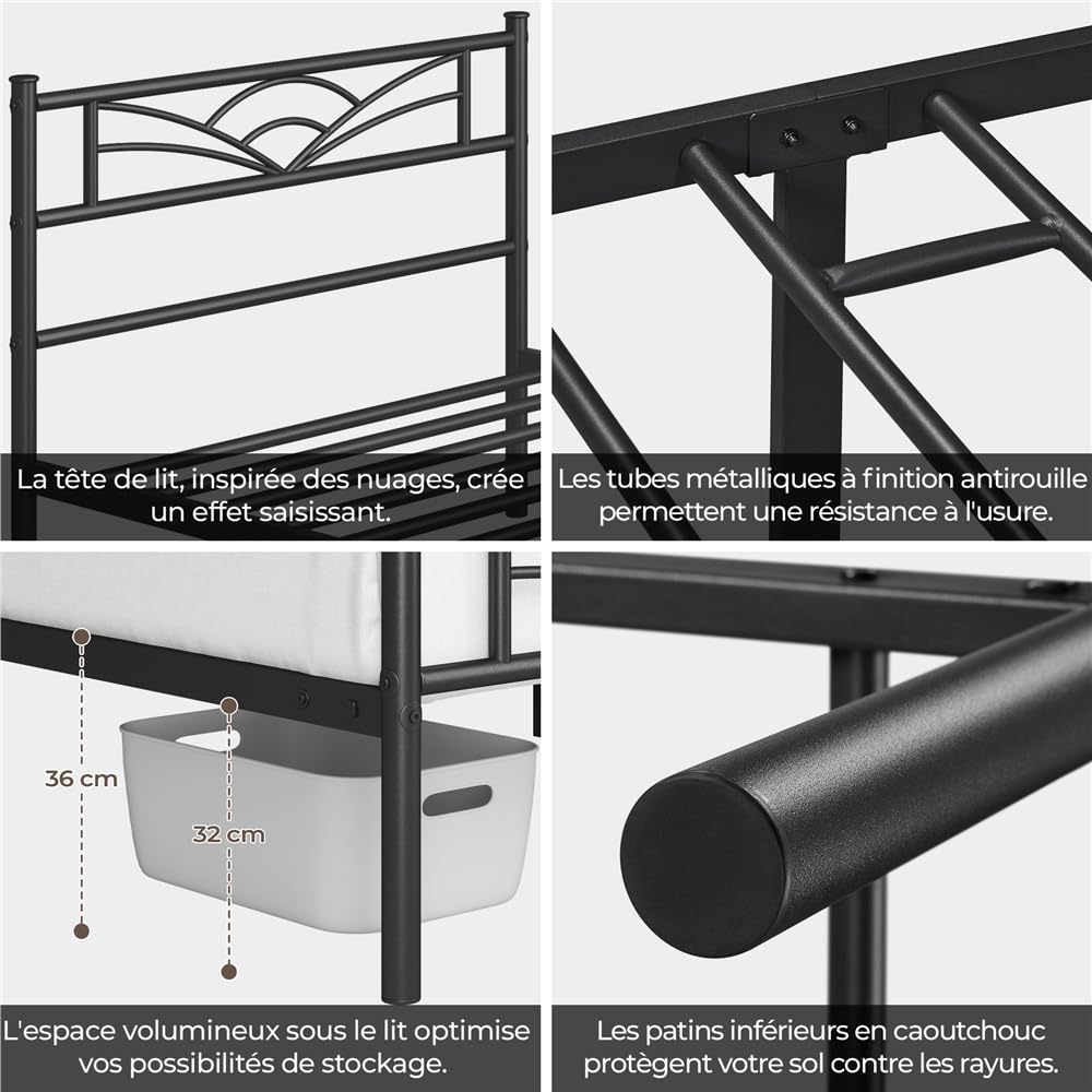 Yaheetech Lit Simple Cadre de lit 90 x 190 cm en Métal Assemblage Simple pour Petits Espaces Adultes Noir