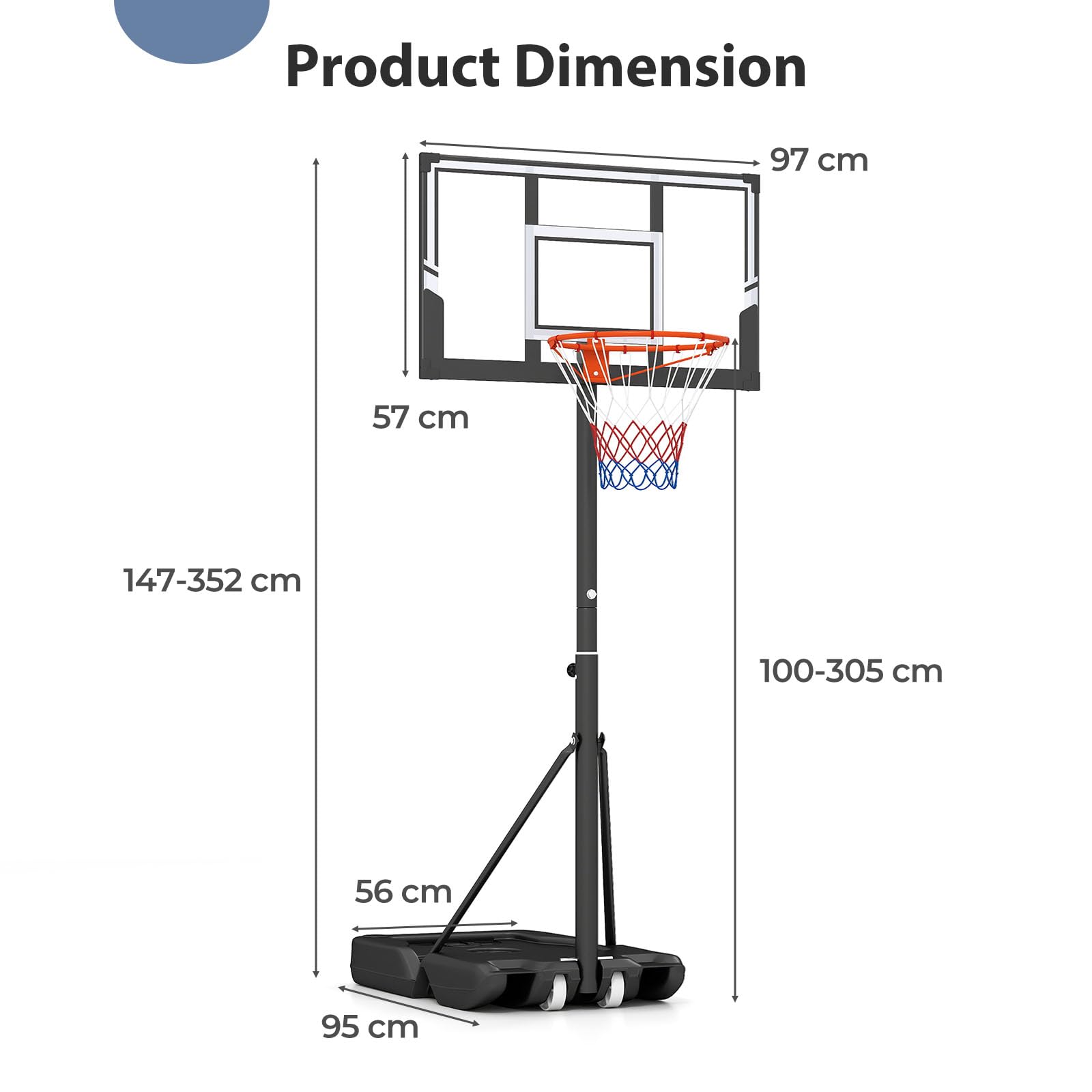 LIFEZEAL Canasta de Baloncesto para Exteriores, Soporte de Baloncesto con Altura Ajustable de 100 a 305 cm, Sistema Móvil con Pared Trasera de 110 x 75 cm, Cesta de Patio Trasero