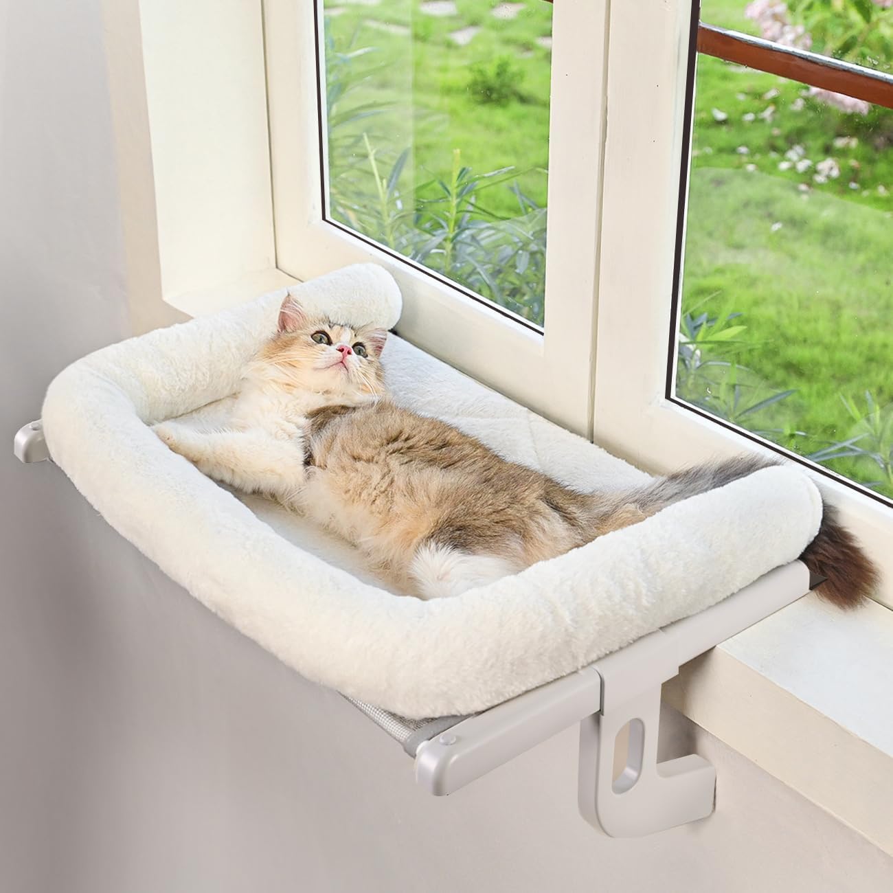 Cat Window Sill Perch with Large Bolster, Easy to Adjust & Assemble Cat Window Seat for Windowsill & Bedside, Pet Hammock Bed for Large Cats and Kittens (White, L) Large White