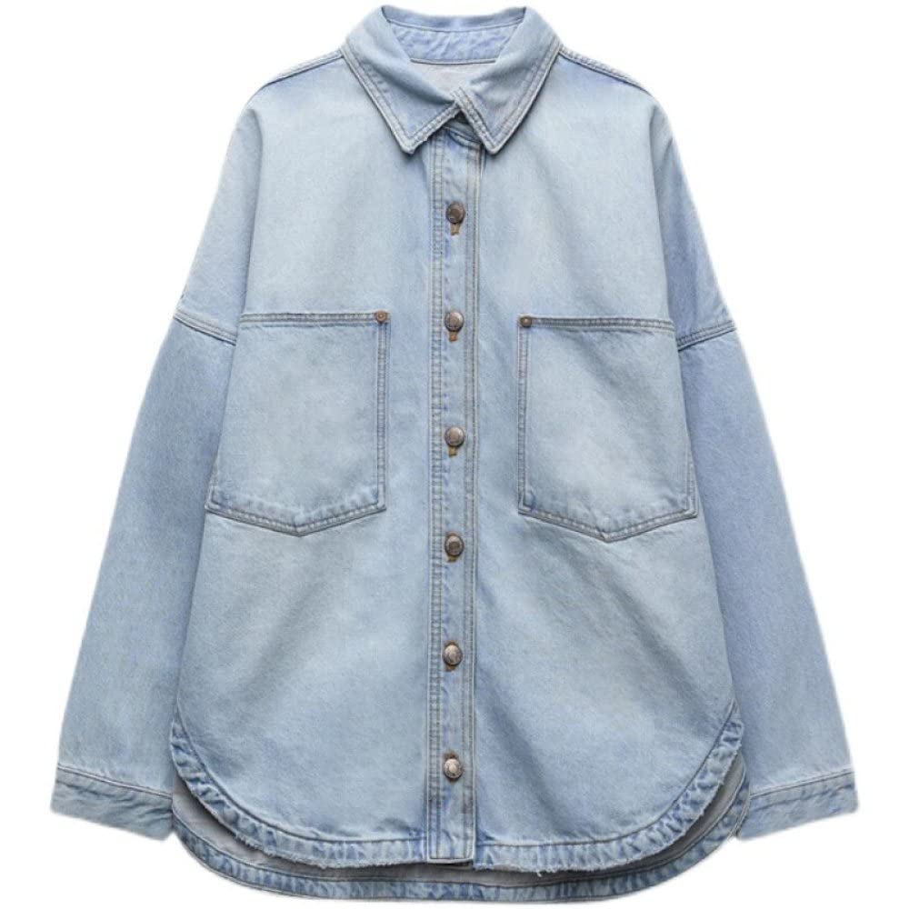 Chemise Tunique Décontractée Pour Femme,Chemisiers En Denim Surdimensionnés Vintage Pour Femmes, Manches Longues, Veste Boutonnée Décontractée, Revers Bleu, Chemisiers En Jean De Travail, Tunique, J