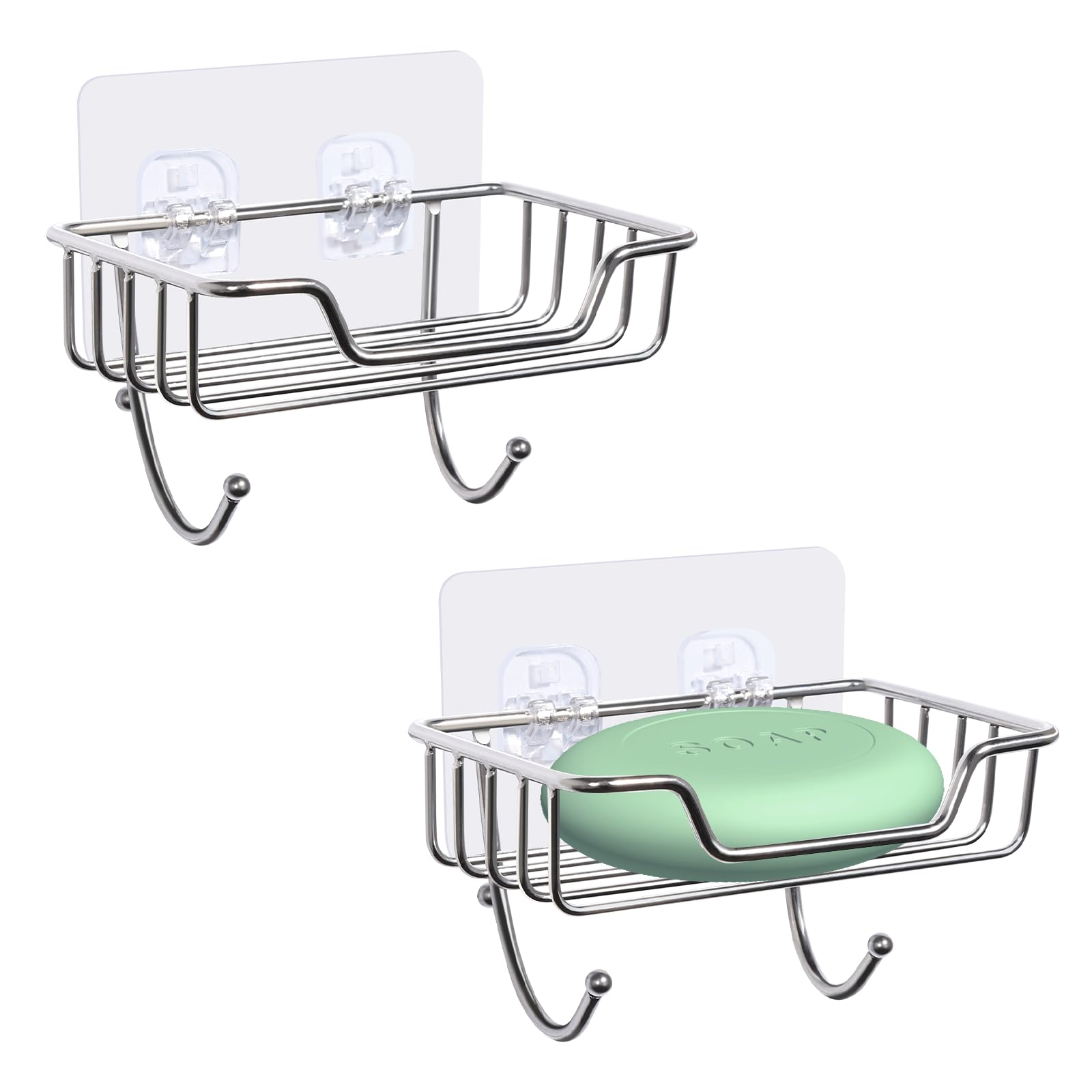 Uten Lot de 2 porte-savon autocollants solides en acier inoxydable avec crochet sans perçage, porte-savon mural pour douche, salle de bain, cuisine, argent Uten Lot de 2 porte-savon autocollants solides en acier inoxydable avec crochet sans perçage, porte-savon mural pour douche, salle de bain, cuisine, argent