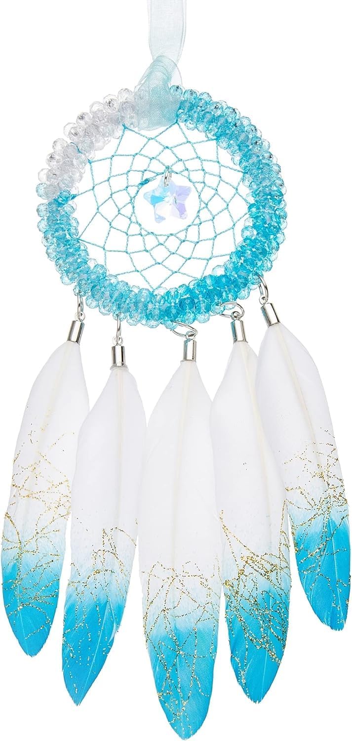 Ice Blue Mini Dream Catcher - Handmade Paint Goose Feather, Luxury Crystal Diamond, Small Dreamcatcher for Car Home Dorm Decor - HOLSM-III