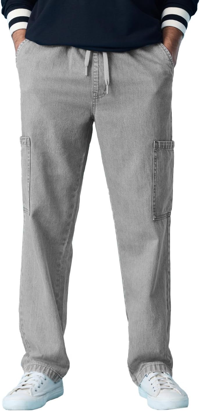 Pull On Denims: Grey Men and Boys Drawstring Waist Solid Cotton Twill Straight Fit Lightweight Everyday Streetwear Cargo Jeans