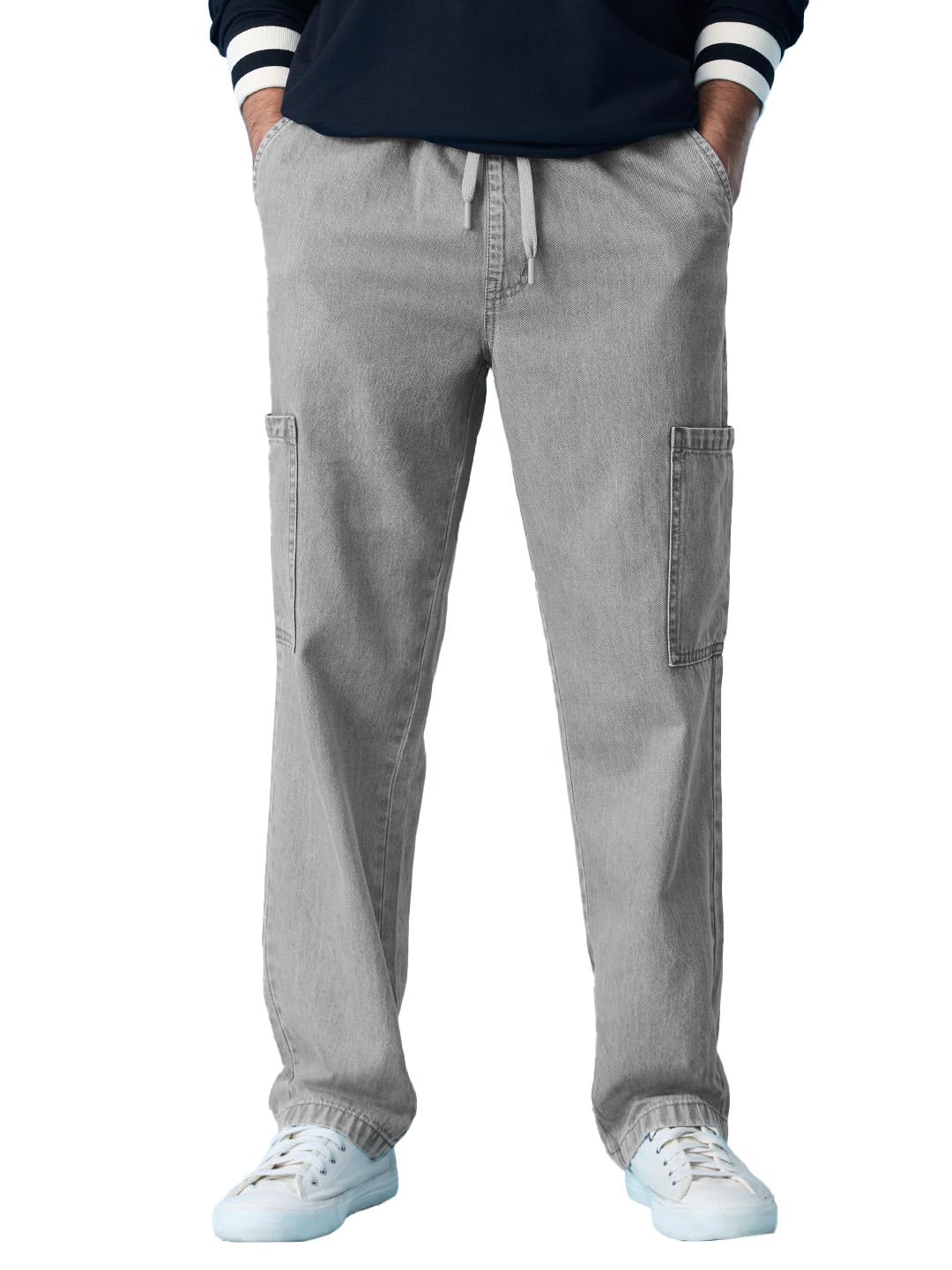 Pull On Denims: Grey Men and Boys Drawstring Waist Solid Cotton Twill Straight Fit Lightweight Everyday Streetwear Cargo Jeans-image-18