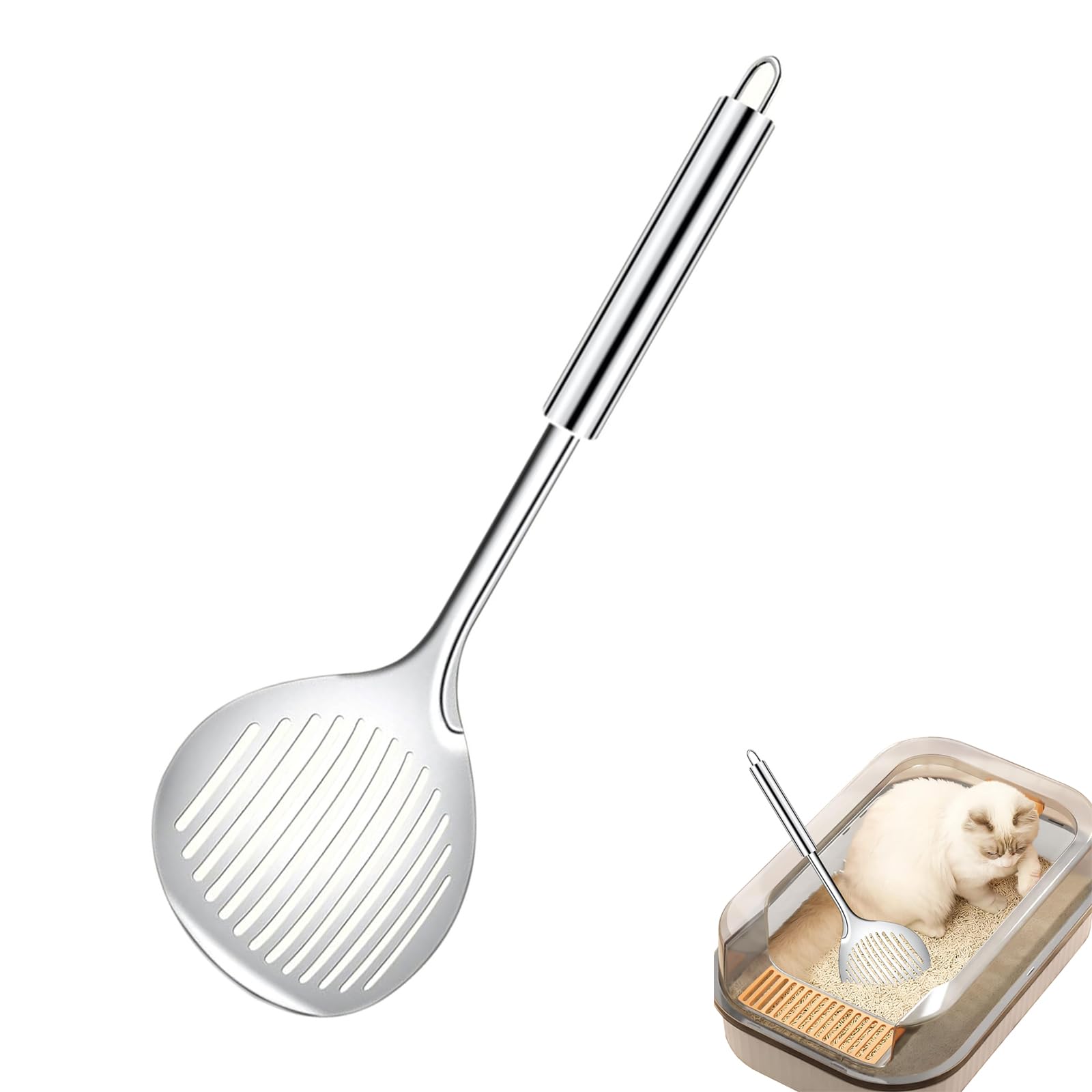 Cat Litter Scooper Accessories, Cat Litter Scoop Metal Cat Poop Sifter Pet Supplies with Non-Slip Long Handle Home Cat Scooper Stainless Steel Poop Sifting Cleaning for Litter Box