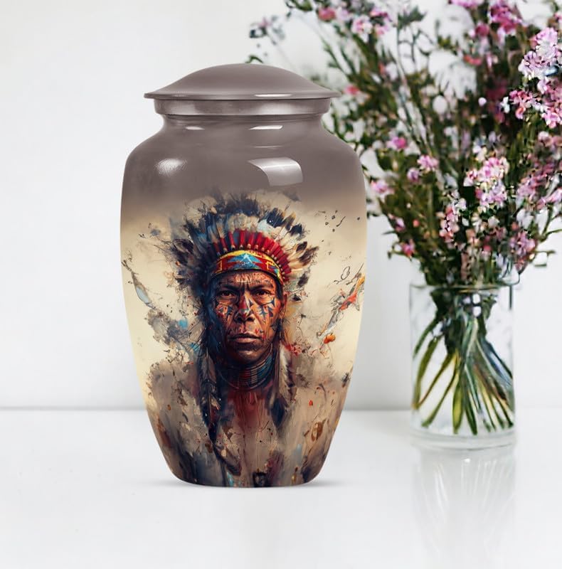 Native American Funeral Decorative Urns, Memorial for Human Remains Mom & Dad, Large with Velvet Bag, Cremation Urn for Adult Men & Women, Urn for Ashes Adult Male & Female, Gray