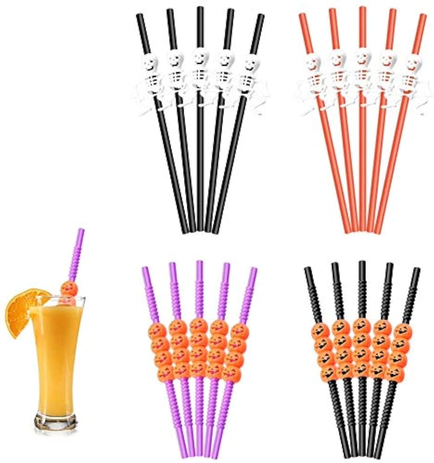 20 Pack Halloween Party Plastic Drinking Straws Skeleton Skull and Pumpkin Reusable Straws Halloween Decorations Supplies