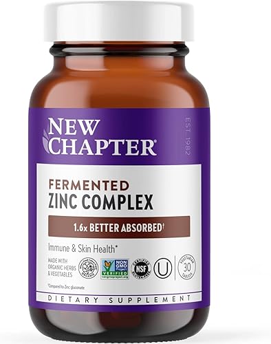 Suplemento de zinc, complejo de zinc fermentado New Chapter, un diario para apoyo inmunológico + salud de la piel + ingredientes sin OMG, fácil de